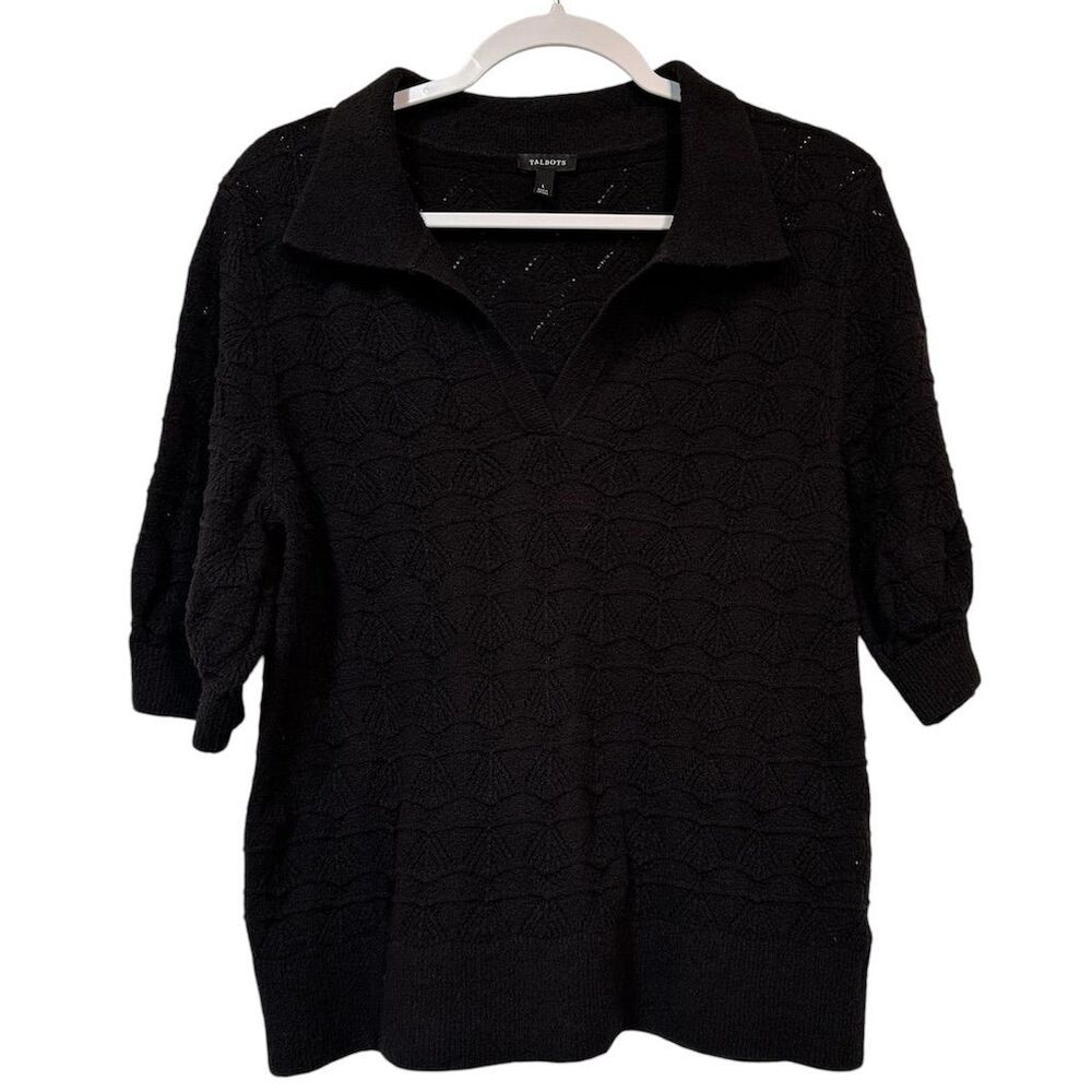 Talbots Women's Black Knit Pullover V-Neck Sweater, Large, Collared